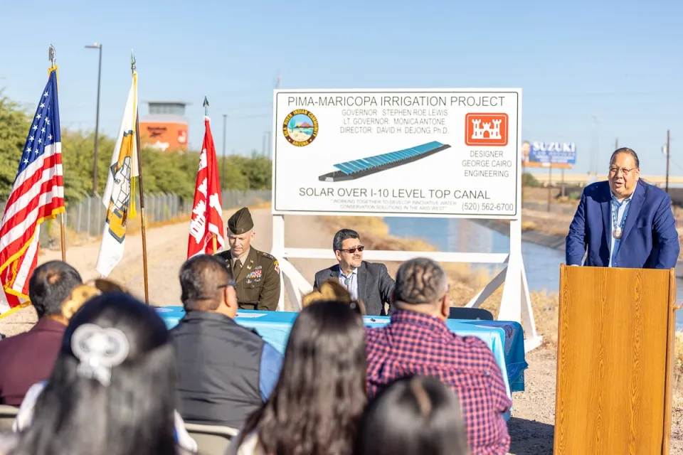Tribal leaders of Gila River Indian Community at inauguration event for solar-over-canal project.